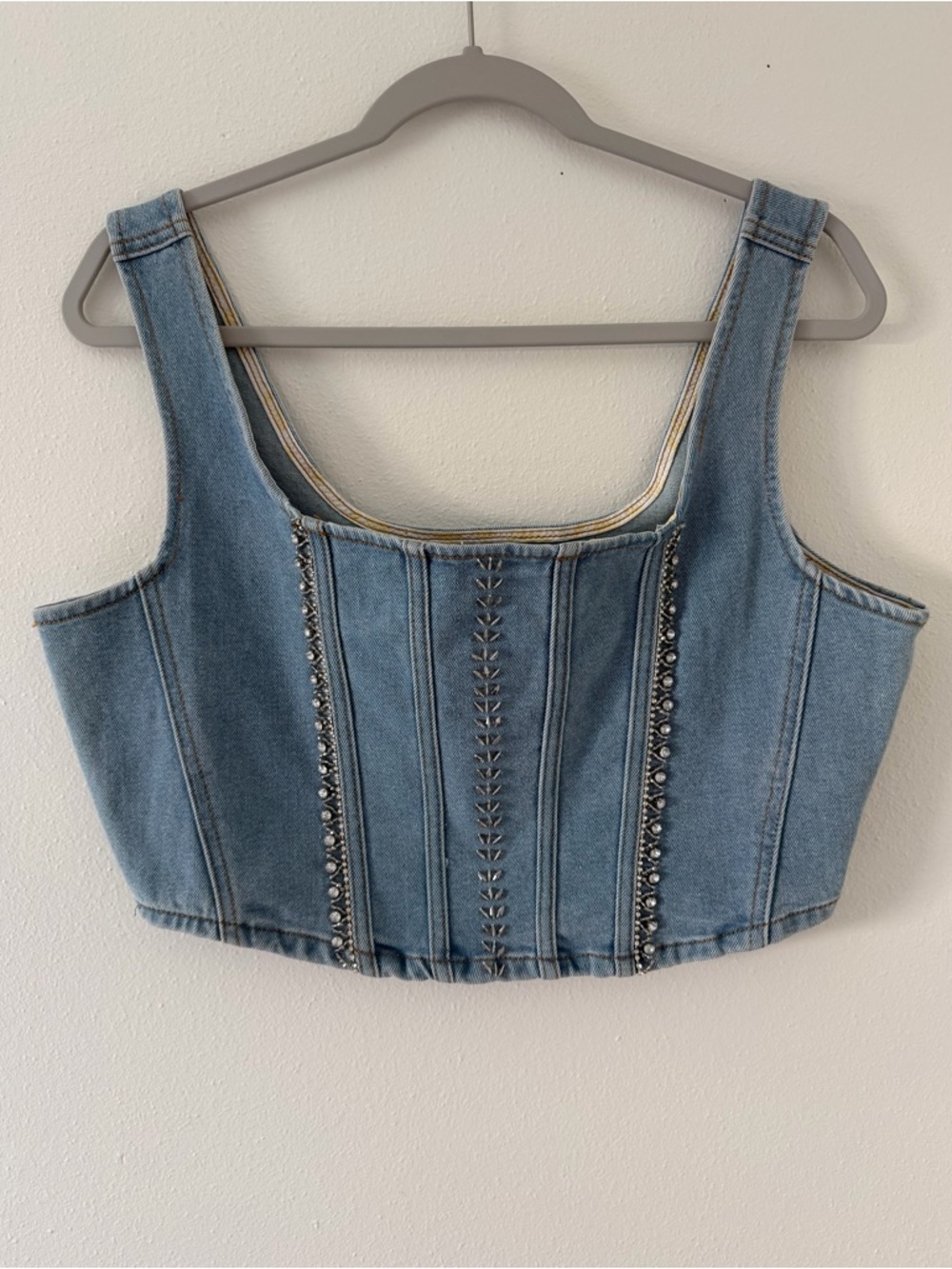 NWT POL Rhinestone Denim Corset Cropped Tank Top size Medium - Picture 3 of 11